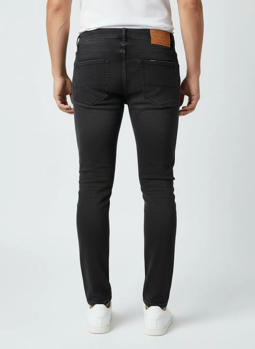 CALÇA CASUAL JEANS BLACK DENIM ESTONADO C/ BIGODES 3D E BOLSO RELÓGIO